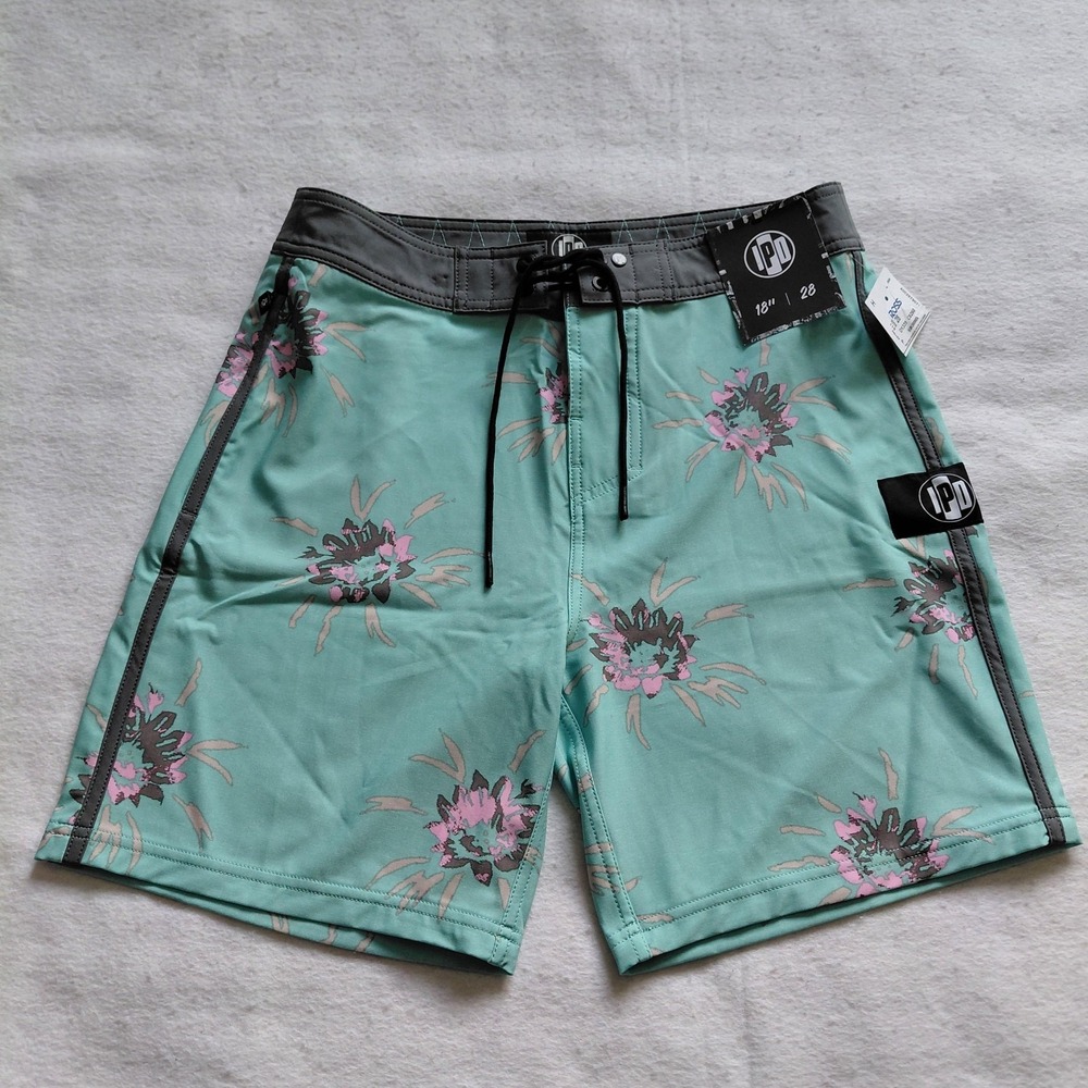 IPD Board Shorts Mens Size 28 Floral Teal Green 18 In Stretch Surf Swim NWT